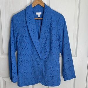 Susan Graver Pure Blue Eyelet Shawl Collar Single Button Blazer sz XS 100%Cotton